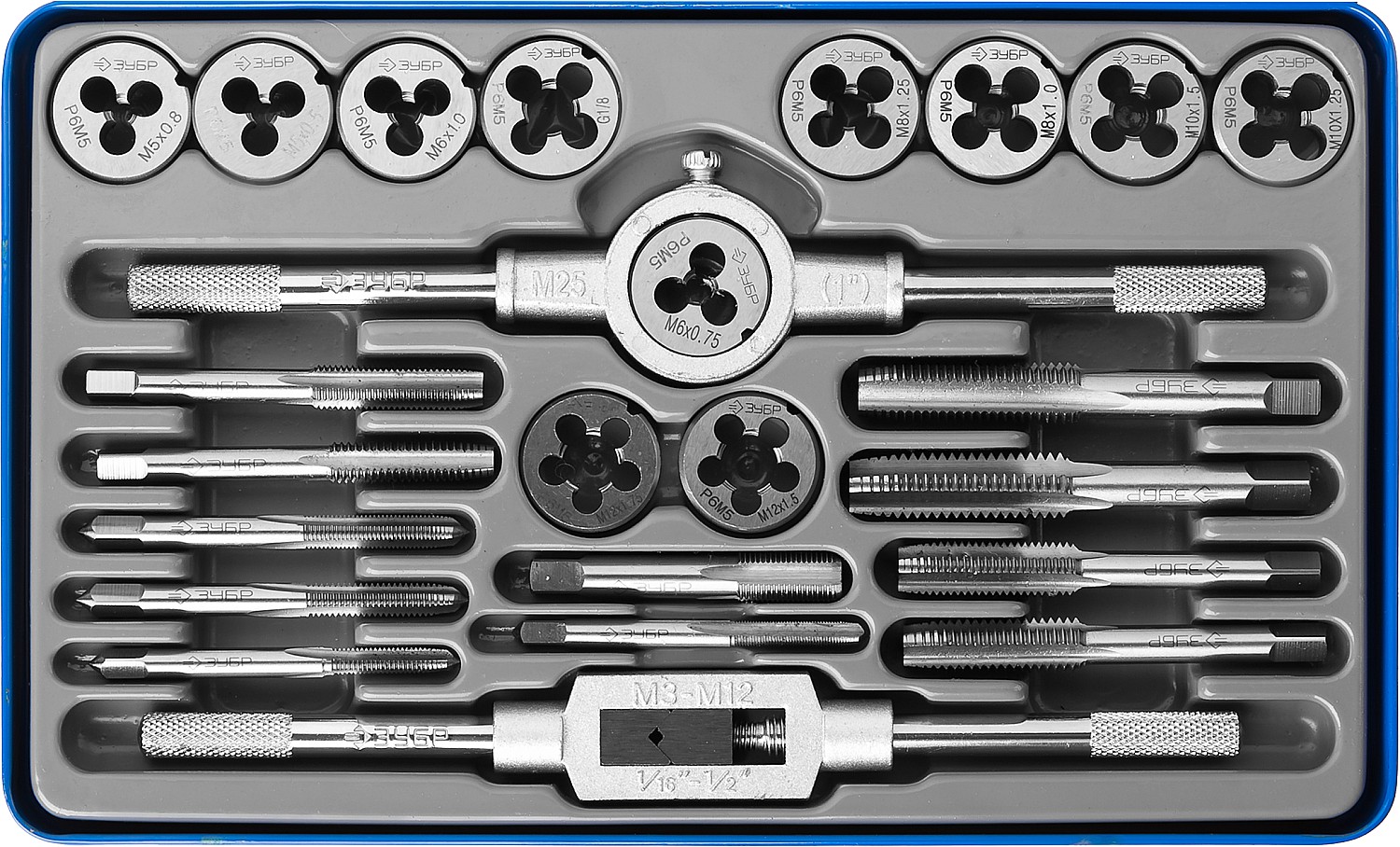 ЗУБР 24 предмета, сталь Р6М5, набор метчиков и плашек, Профессионал (28110-H24) — Фото 1
